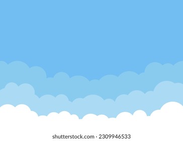 White cloud shape on blue sky background. Border of clouds. Simple flat style of different clouds. High environment. Vector illustration