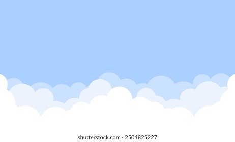 White cloud shapes bordering at the bottom on blue background. Simple and clean sky banner with place for text. Vector illustration suitable for various design projects