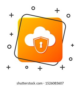 White Cloud and shield icon isolated on white background. Cloud storage data protection. Security, safety, protection, privacy concept. Orange square button. Vector Illustration