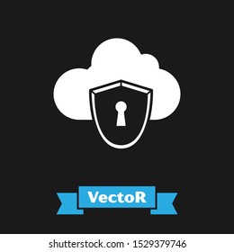 White Cloud and shield icon isolated on black background. Cloud storage data protection. Security, safety, protection, privacy concept.  Vector Illustration