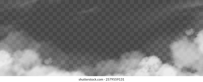 White cloud sky background,Vector Fog,Smoke isolated on transparent,Nature cloudy,food smoke symbol.Weather element pattern art,Realistic Cloud texture,fire smoke wave