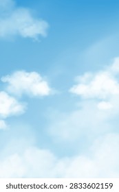 White Cloud, Sky Blue Background Bright Light Sun, Vector Vertical Summer Sky over Beach Abstract Dramatic Cloudy,Nature Illustration For Autumn Winter Seasonal Landscape Scenic Banner Design