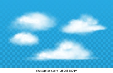 White cloud smog effect steam powder explosion set collection on blue checkered background vector illustration.