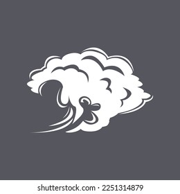 White cloud of smoke or dust cartoon illustration. Comic trail from explosion, fog, hot steam or fume on grey background. Vapor, atmosphere, wind concept