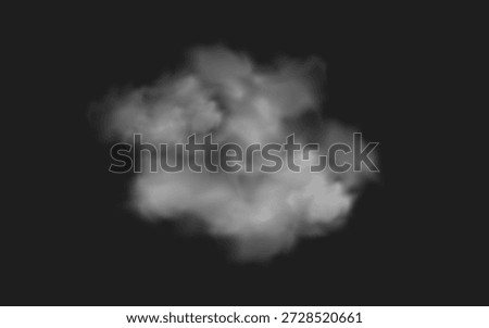 White cloud of smoke or fog isolated on a black background. Realistic fog texture for graphic design elements. Mysterious steam effect for overlay. Vector.