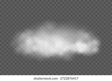 Nube blanca. Forma de Smoke sobre fondo transparente. Textura de niebla realista con bordes suaves y difusión natural. Elemento de Clima atmosférico. Ilustración vectorial realista.