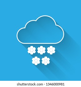 White Cloud with snow icon isolated with long shadow. Cloud with snowflakes. Single weather icon. Snowing sign. Vector Illustration