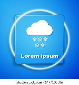 White Cloud with snow icon isolated on blue background. Cloud with snowflakes. Single weather icon. Snowing sign. Blue square button. Vector Illustration