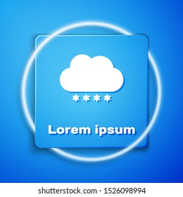 White Cloud with snow icon isolated on blue background. Cloud with snowflakes. Single weather icon. Snowing sign. Blue square button. Vector Illustration