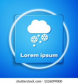 White Cloud with snow icon isolated on blue background. Cloud with snowflakes. Single weather icon. Snowing sign. Blue square button. Vector Illustration
