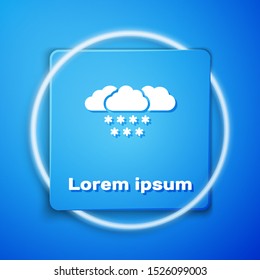 White Cloud with snow icon isolated on blue background. Cloud with snowflakes. Single weather icon. Snowing sign. Blue square button. Vector Illustration