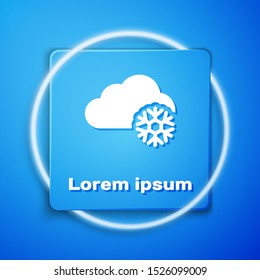 White Cloud with snow icon isolated on blue background. Cloud with snowflakes. Single weather icon. Snowing sign. Blue square button. Vector Illustration