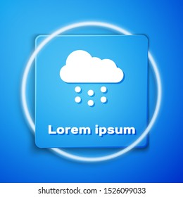White Cloud with snow icon isolated on blue background. Cloud with snowflakes. Single weather icon. Snowing sign. Blue square button. Vector Illustration