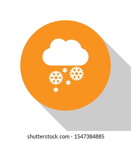 White Cloud with snow icon isolated on white background. Cloud with snowflakes. Single weather icon. Snowing sign. Orange circle button. Vector Illustration
