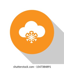 White Cloud with snow icon isolated on white background. Cloud with snowflakes. Single weather icon. Snowing sign. Orange circle button. Vector Illustration