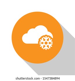 White Cloud with snow icon isolated on white background. Cloud with snowflakes. Single weather icon. Snowing sign. Orange circle button. Vector Illustration