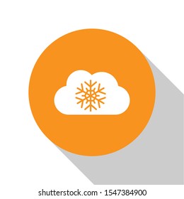 White Cloud with snow icon isolated on white background. Cloud with snowflakes. Single weather icon. Snowing sign. Orange circle button. Vector Illustration
