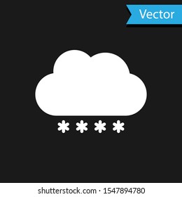 White Cloud with snow icon isolated on black background. Cloud with snowflakes. Single weather icon. Snowing sign.  Vector Illustration