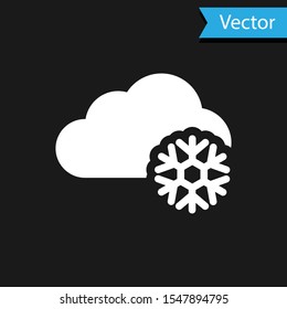 White Cloud with snow icon isolated on black background. Cloud with snowflakes. Single weather icon. Snowing sign.  Vector Illustration