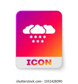 White Cloud with snow icon isolated on white background. Cloud with snowflakes. Single weather icon. Snowing sign. Rectangle color button. Vector Illustration