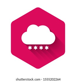 White Cloud with snow icon isolated with long shadow. Cloud with snowflakes. Single weather icon. Snowing sign. Pink hexagon button. Vector Illustration
