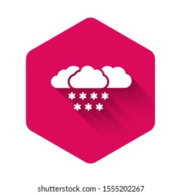 White Cloud with snow icon isolated with long shadow. Cloud with snowflakes. Single weather icon. Snowing sign. Pink hexagon button. Vector Illustration