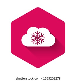 White Cloud with snow icon isolated with long shadow. Cloud with snowflakes. Single weather icon. Snowing sign. Pink hexagon button. Vector Illustration