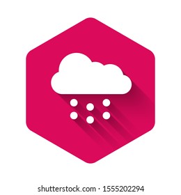 White Cloud with snow icon isolated with long shadow. Cloud with snowflakes. Single weather icon. Snowing sign. Pink hexagon button. Vector Illustration