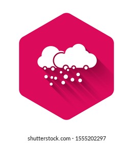 White Cloud with snow icon isolated with long shadow. Cloud with snowflakes. Single weather icon. Snowing sign. Pink hexagon button. Vector Illustration