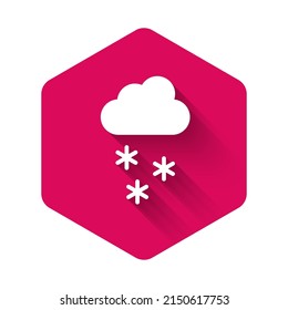 White Cloud with snow icon isolated with long shadow. Cloud with snowflakes. Single weather icon. Snowing sign. Pink hexagon button. Vector