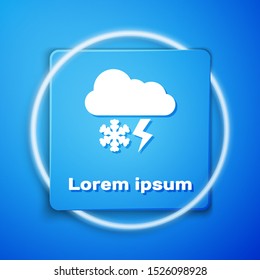 White Cloud with snow and lightning icon isolated on blue background. Cloud with snowflakes. Single weather icon. Snowing sign. Blue square button. Vector Illustration