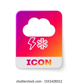 White Cloud with snow and lightning icon isolated on white background. Cloud with snowflakes. Single weather icon. Snowing sign. Rectangle color button. Vector Illustration