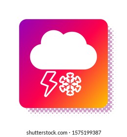 White Cloud with snow and lightning icon isolated on white background. Cloud with snowflakes. Single weather icon. Snowing sign. Square color button. Vector Illustration
