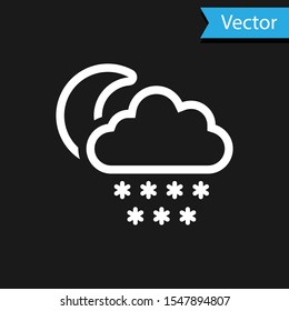 White Cloud with snow and moon icon isolated on black background. Cloud with snowflakes. Single weather icon. Snowing sign.  Vector Illustration