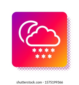 White Cloud with snow and moon icon isolated on white background. Cloud with snowflakes. Single weather icon. Snowing sign. Square color button. Vector Illustration