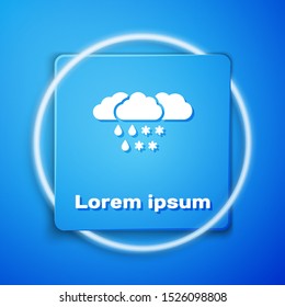 White Cloud with snow and rain icon isolated on blue background. Weather icon. Blue square button. Vector Illustration
