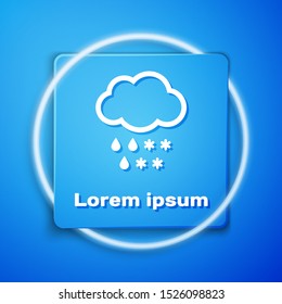 White Cloud with snow and rain icon isolated on blue background. Weather icon. Blue square button. Vector Illustration
