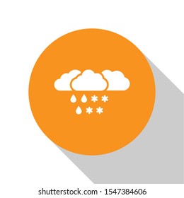 White Cloud with snow and rain icon isolated on white background. Weather icon. Orange circle button. Vector Illustration