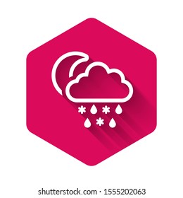 White Cloud with snow and rain icon isolated with long shadow. Weather icon. Pink hexagon button. Vector Illustration