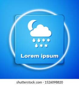 White Cloud with snow, rain and moon icon isolated on blue background. Weather icon. Blue square button. Vector Illustration