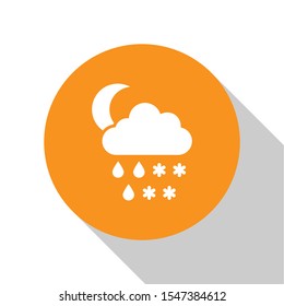 White Cloud with snow, rain and moon icon isolated on white background. Weather icon. Orange circle button. Vector Illustration