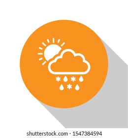 White Cloud with snow, rain and sun icon isolated on white background. Weather icon. Orange circle button. Vector Illustration