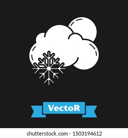 White Cloud with snow and sun icon isolated on black background. Cloud with snowflakes. Single weather icon. Snowing sign.  Vector Illustration