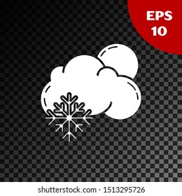 White Cloud with snow and sun icon isolated on transparent dark background. Cloud with snowflakes. Single weather icon. Snowing sign.  Vector Illustration