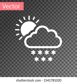 White Cloud with snow and sun icon isolated on transparent background. Cloud with snowflakes. Single weather icon. Snowing sign.  Vector Illustration