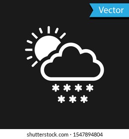 White Cloud with snow and sun icon isolated on black background. Cloud with snowflakes. Single weather icon. Snowing sign.  Vector Illustration