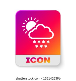 White Cloud with snow and sun icon isolated on white background. Cloud with snowflakes. Single weather icon. Snowing sign. Rectangle color button. Vector Illustration