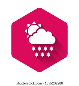 White Cloud with snow and sun icon isolated with long shadow. Cloud with snowflakes. Single weather icon. Snowing sign. Pink hexagon button. Vector Illustration