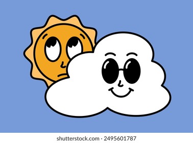 White cloud and sun characters with cartoon funny faces. Groovy sticker with Sky symbols. Weather icon. Emoji expression. Retro Vector illustration on blue background