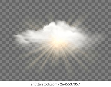 White cloud with sunny rays, realistic sunny cloudy sky. Vector glow light effect with cloud, smoke, fog. Sunlight cloud texture transparent background